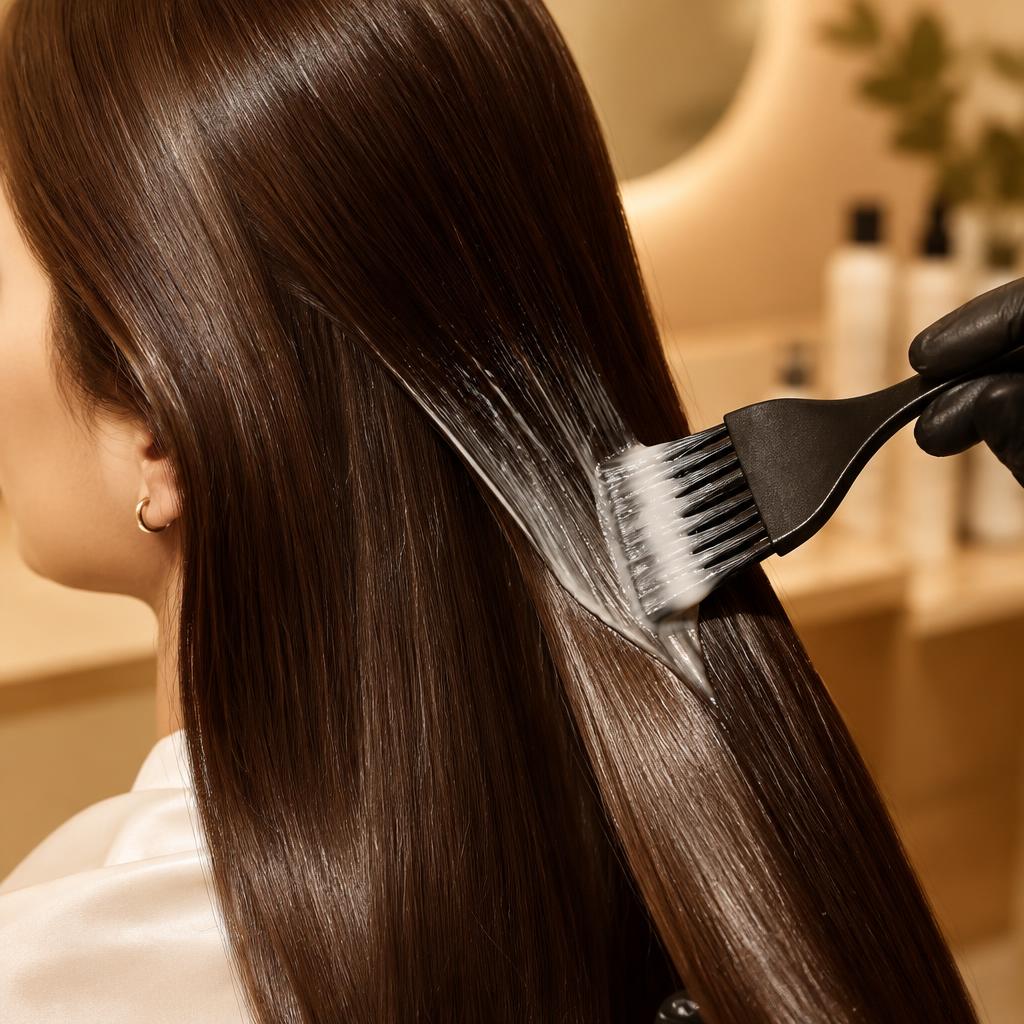 Application au pinceau d’un soin sur des cheveux longs et brillants